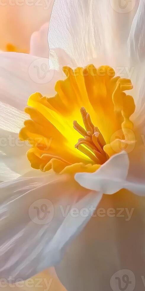 Detailed macro shot of a daffodil flower showcasing its bright yellow center and delicate white petals. photo