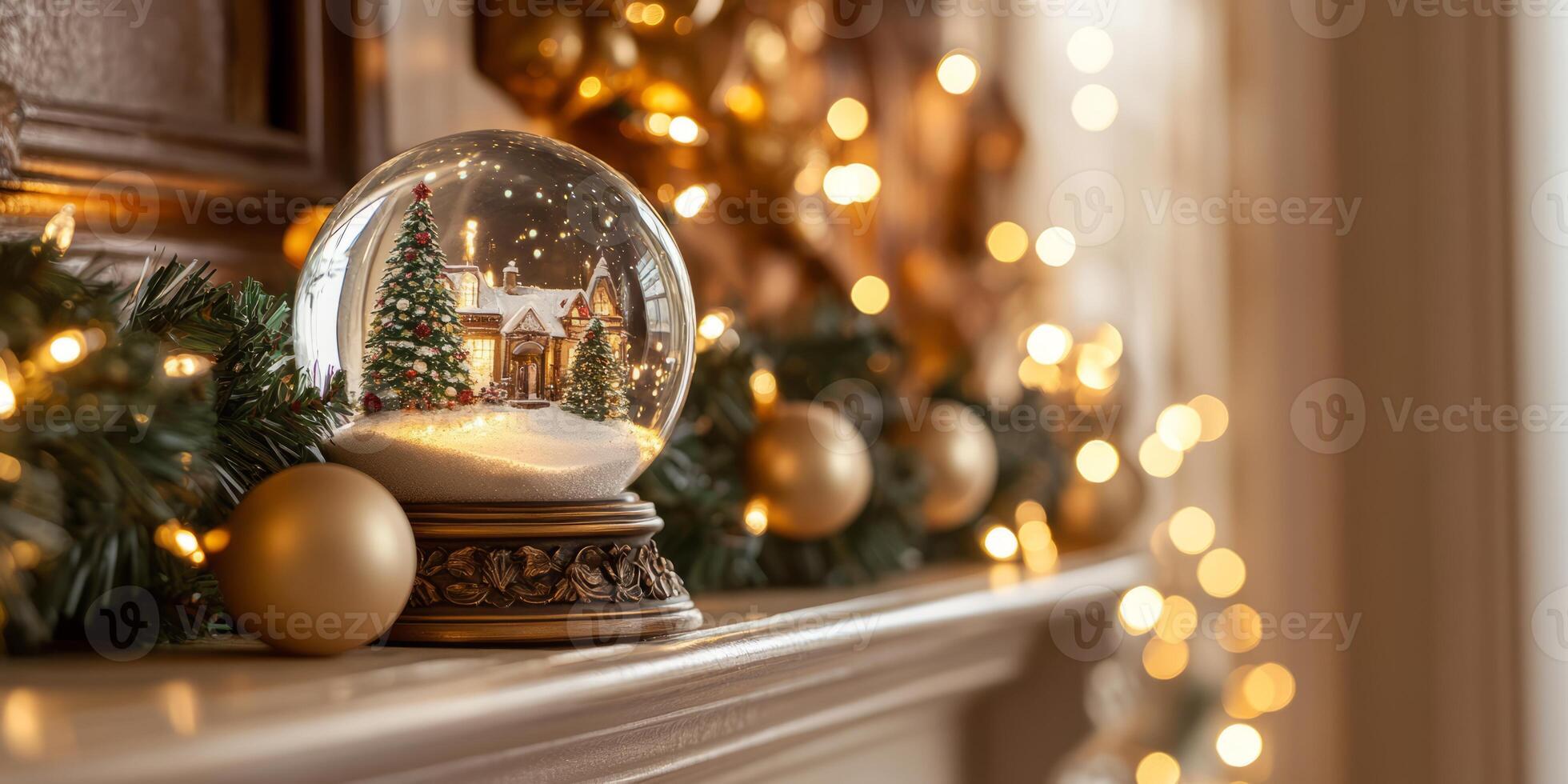 A snow globe with a winter scene sits on a mantel adorned with Christmas lights and ornaments, creating a warm holiday atmosphere. photo