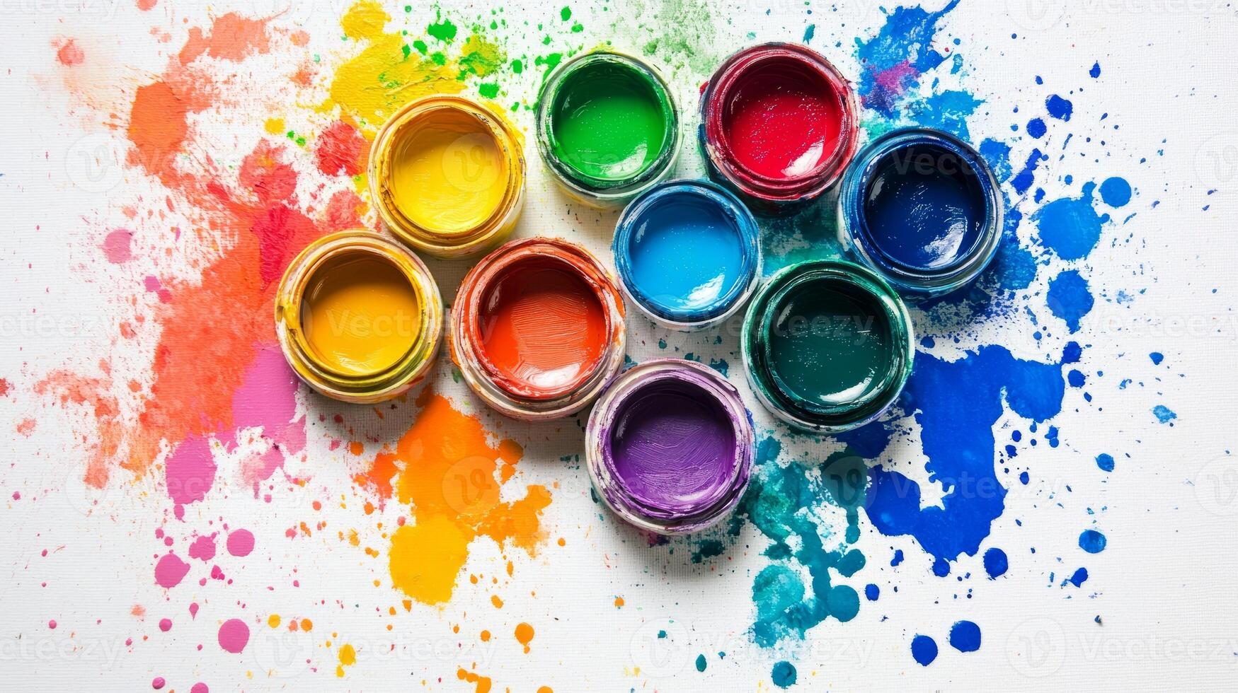 Top view of open paint jars with vivid colors and splashes, perfect for art, creativity, and design themes. photo