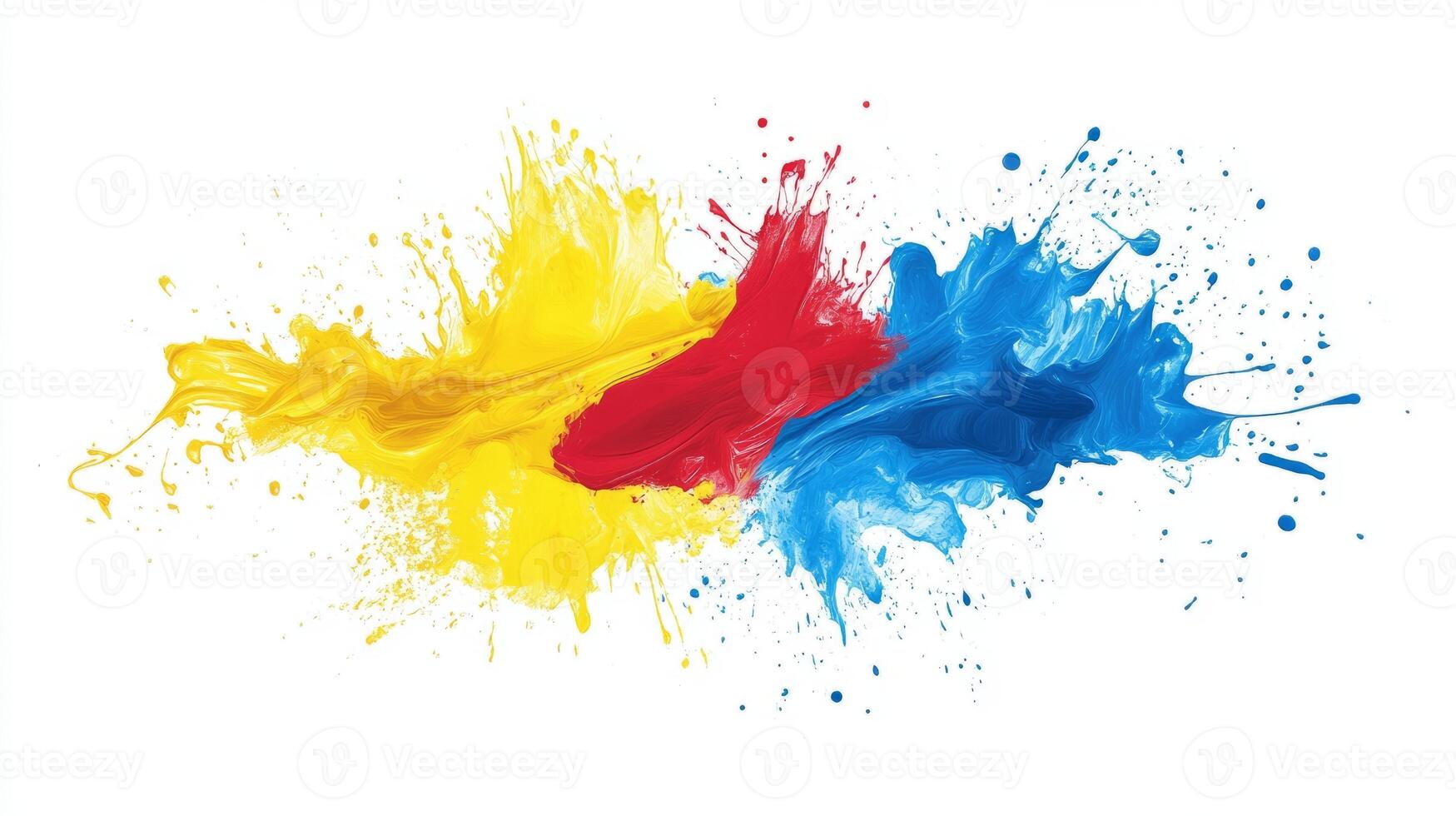 A splash of paint with yellow, red, and blue colors. The colors are splattered across the white background photo