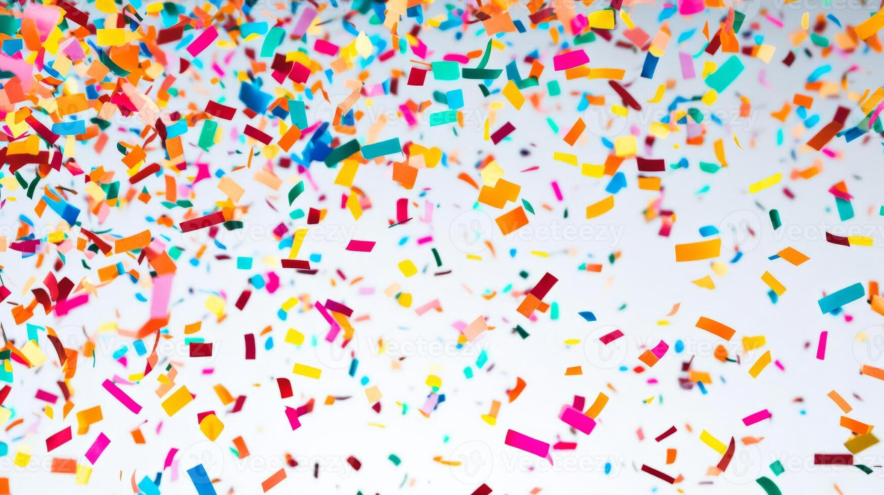 A colorful explosion of confetti is falling from the sky. The confetti is in various colors and shapes, creating a vibrant and festive atmosphere photo