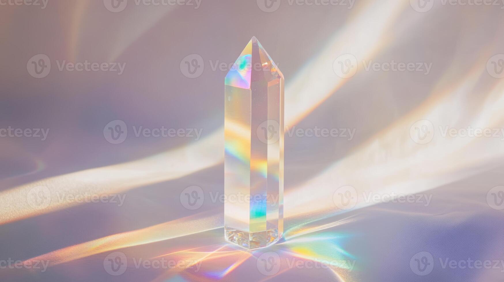 A clear crystal prism casting vibrant rainbow light patterns on a soft, neutral background. photo