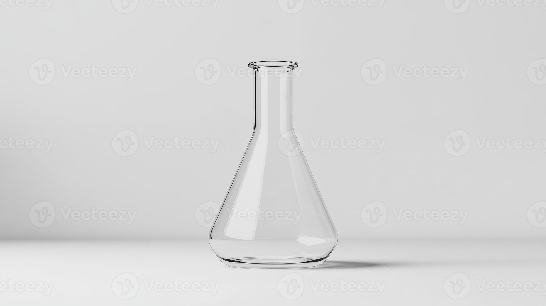 A clear glass vase is sitting on a white table. The vase is empty photo