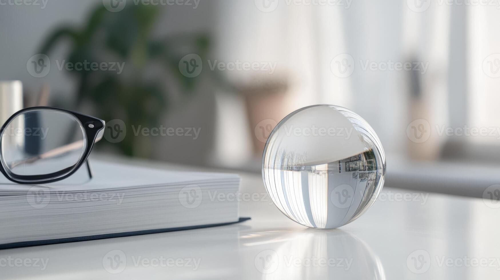 A glass ball is placed on a table next to a book. The table is white and the ball is clear photo