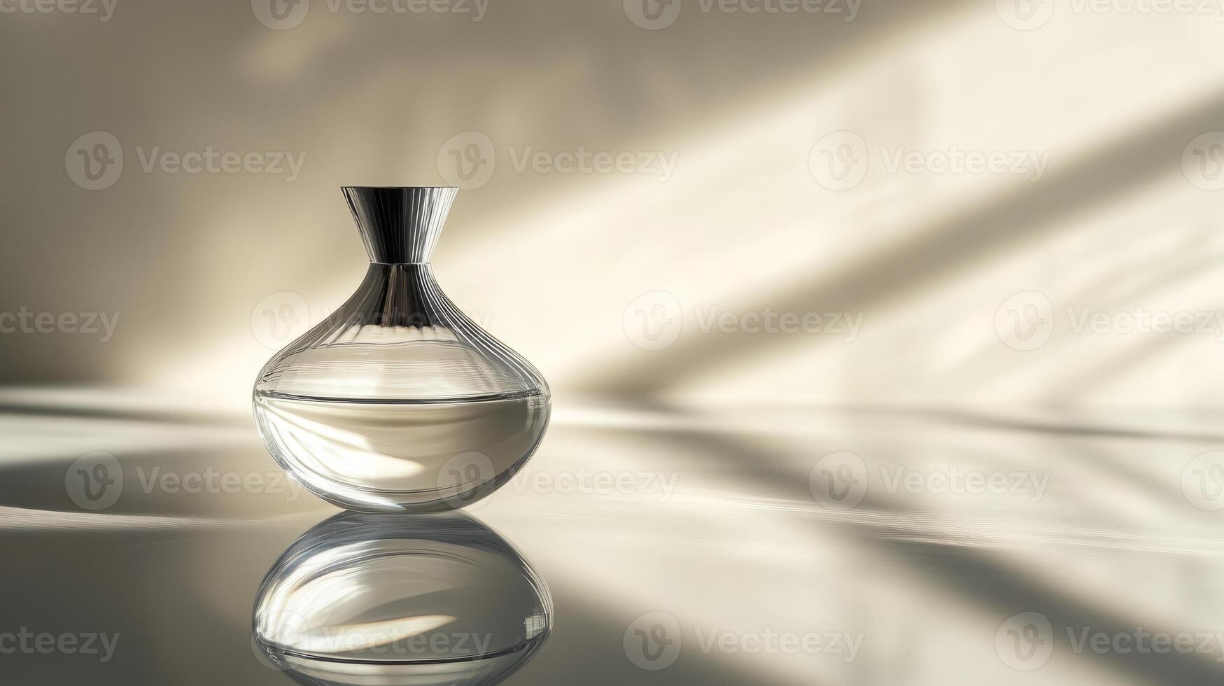 A bottle of perfume is sitting on a table. The bottle is clear and has a silver base photo