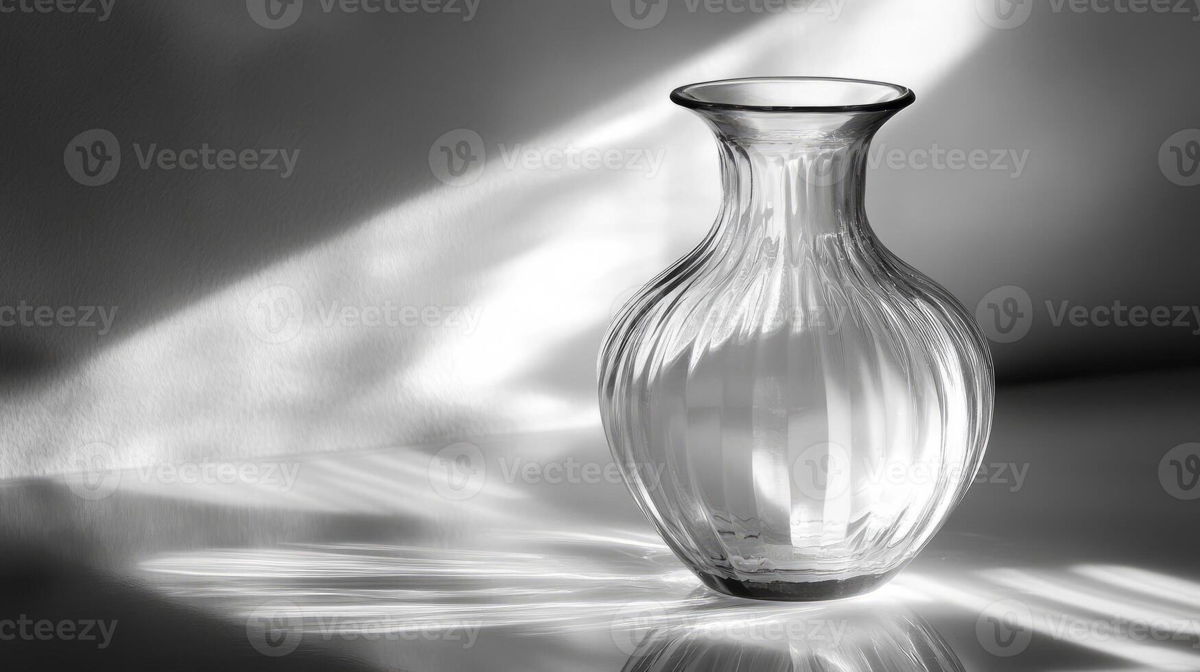 A clear vase sits on a table. The vase is empty. The table is white photo