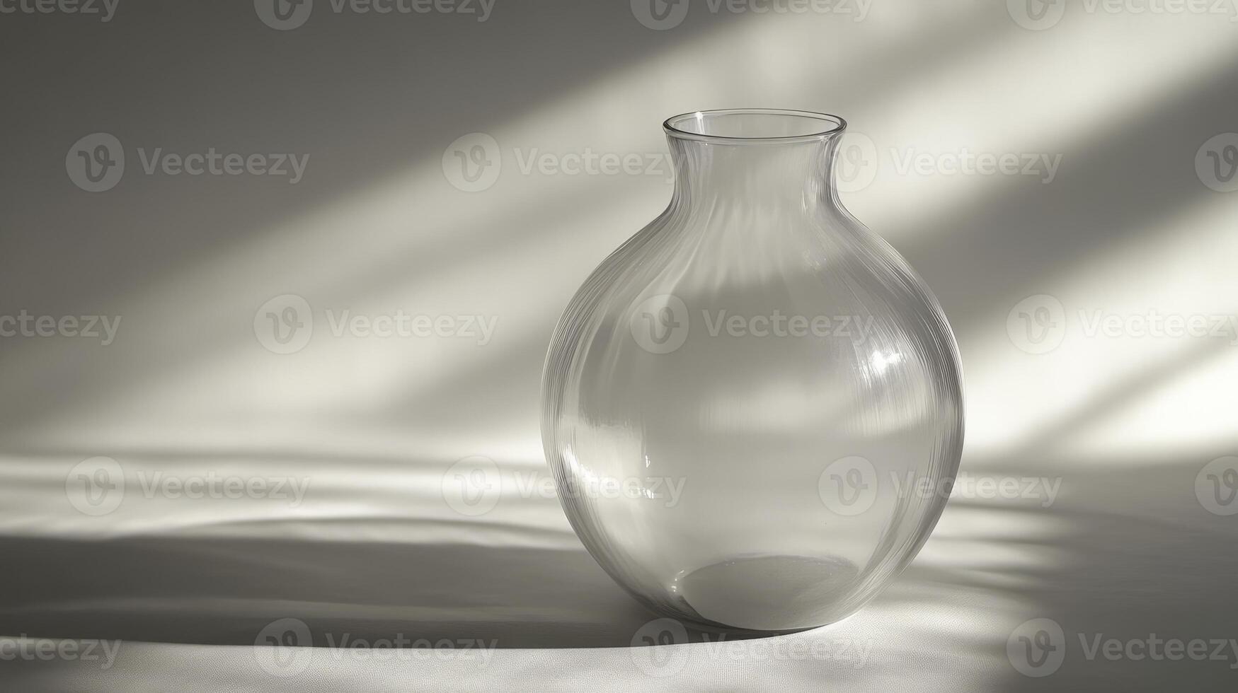 A clear glass vase is sitting on a white surface. The vase is empty. The light is shining on the vase, creating a shadow photo