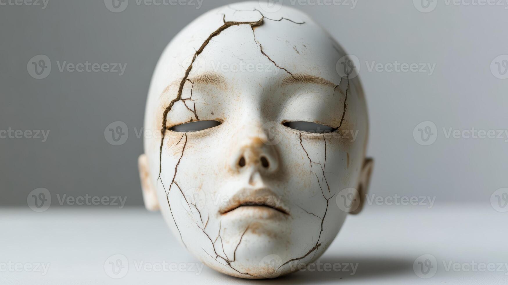 Close-up of a cracked ceramic face sculpture with closed eyes, showcasing intricate details and texture against a minimalist background. photo