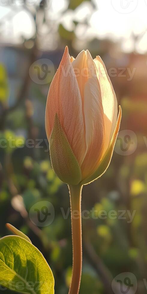 A detailed image of a flower bud illuminated by sunlight, showcasing the delicate textures and vibrant colors of nature. photo
