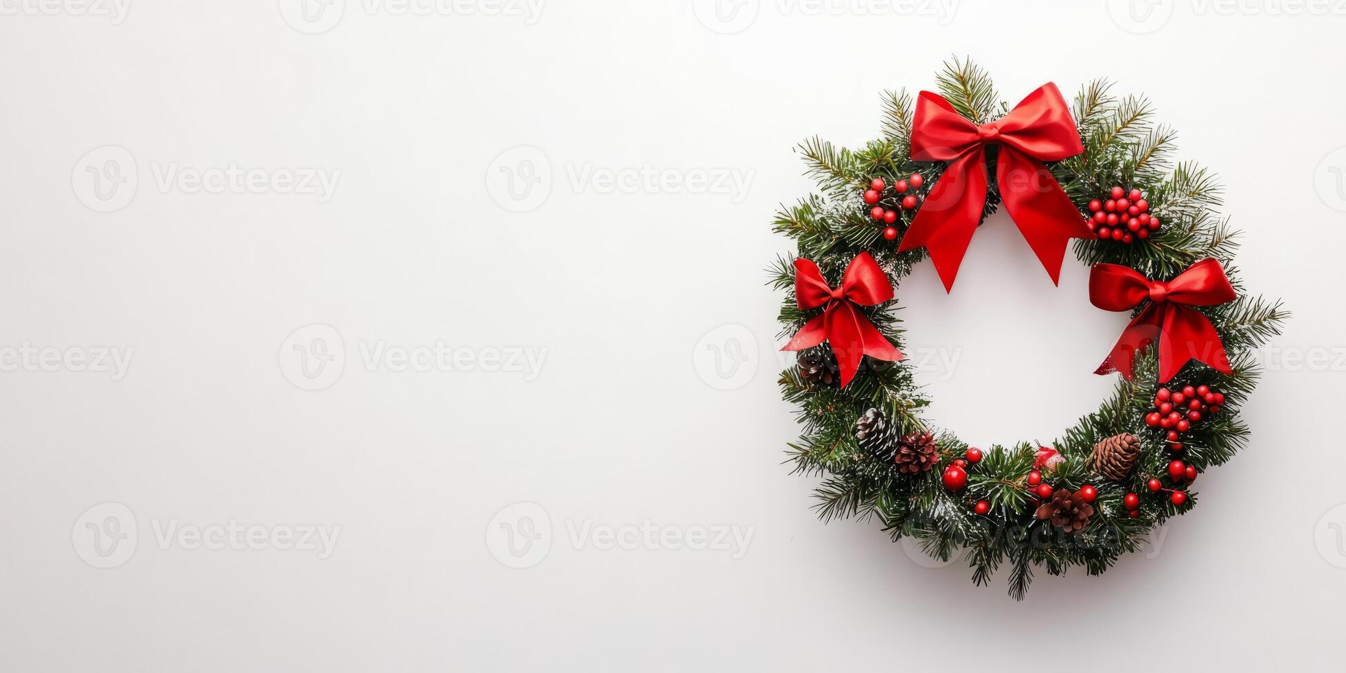 Festive Christmas Wreath with Red Bows and Berries on Minimalist White Background photo
