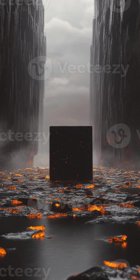 Dark Landscape with Monolithic Structure Amidst Fiery Depths photo