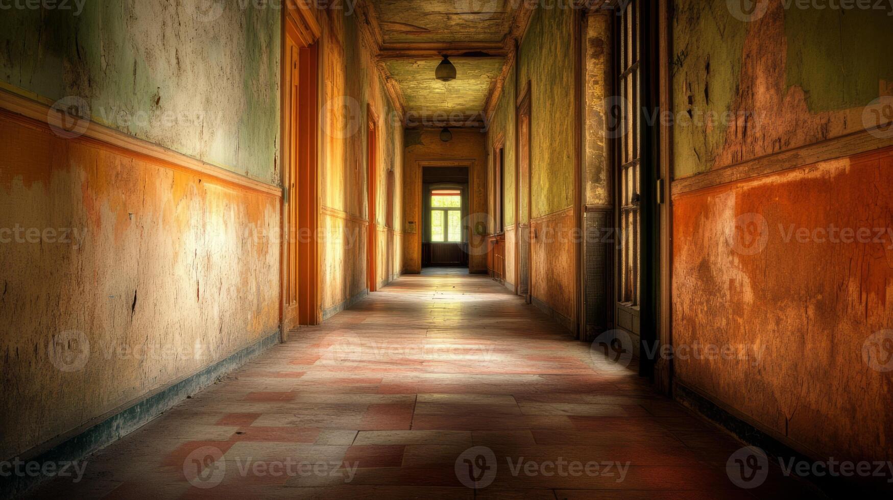 Abandoned Vintage Corridor with Weathered Walls and Eerie Lighting in a Historic Building photo