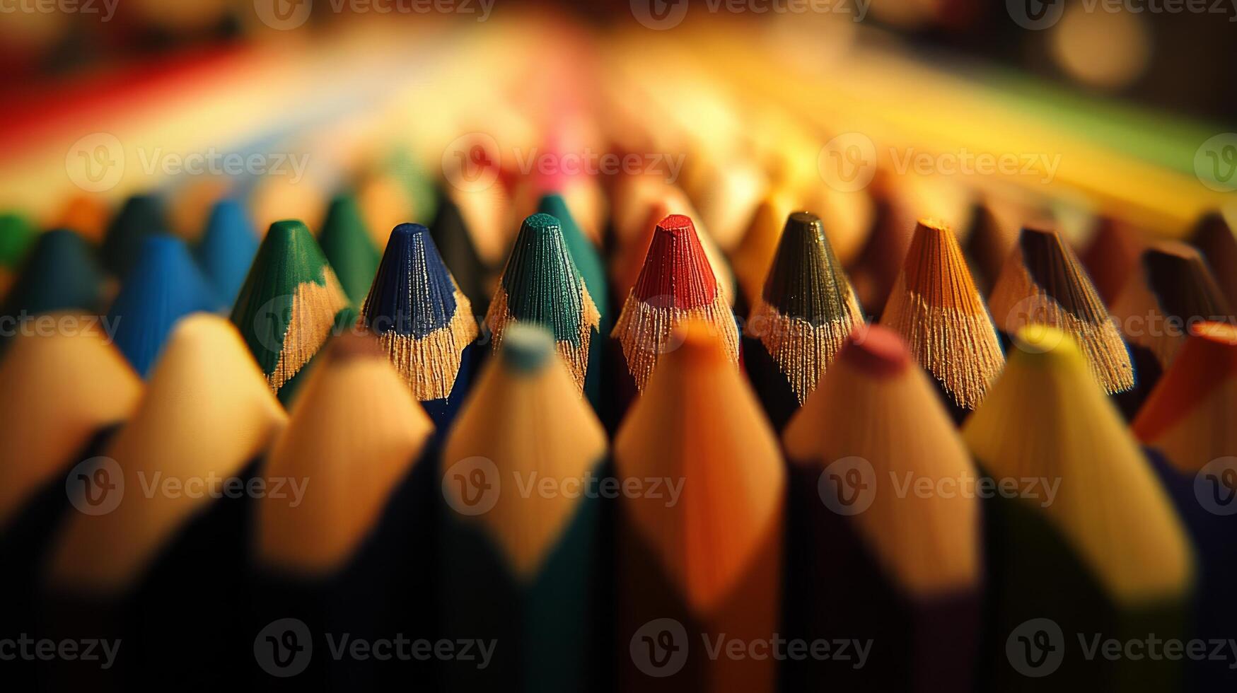 Vibrant Close-Up of Colorful Pencils Arranged in a Row with Blurred Background photo