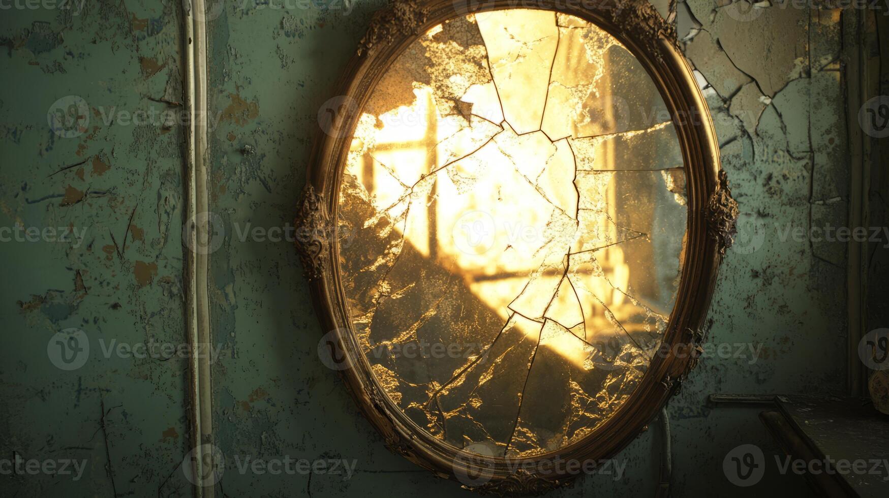 A cracked mirror with a light shining on it photo