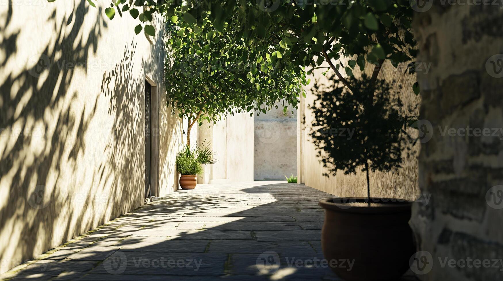 Serene Sunlit Alleyway with Lush Greenery and Rustic Stone Walls in a Tranquil Urban Setting photo