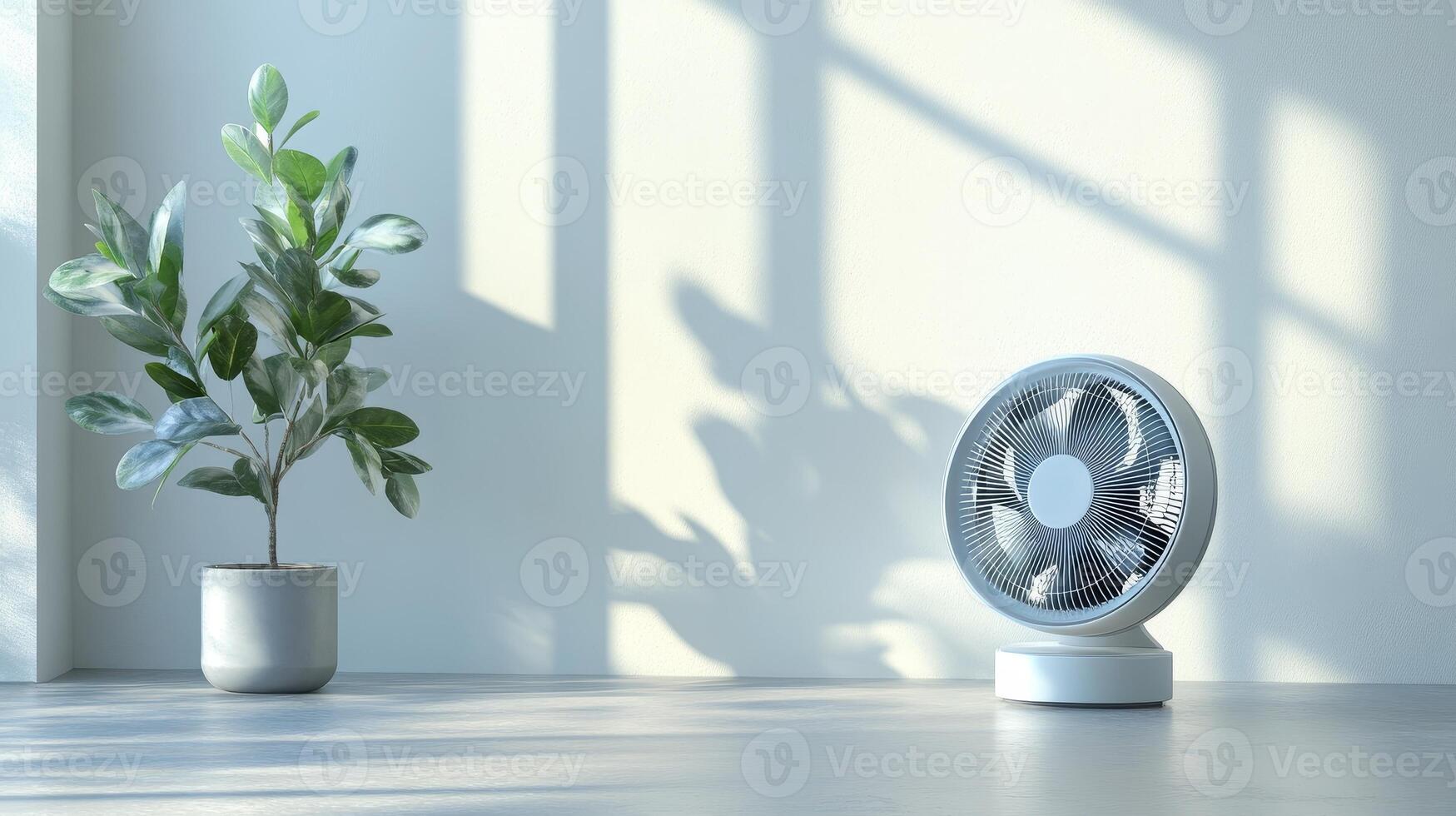Modern Home Decor with Fan and Plant in Bright Indoor Space photo