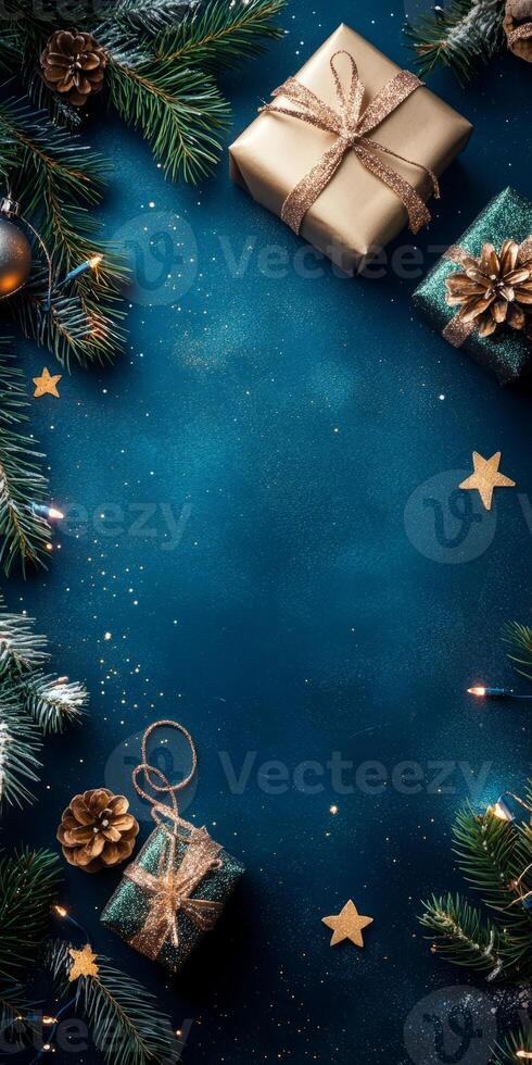 Festive Christmas Background with Wrapped Gifts, Pine Branches photo