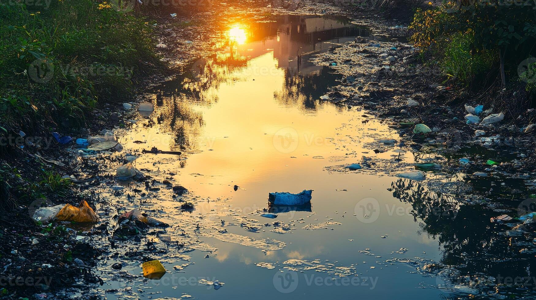 Reflection of Sunset Over Polluted Waterway with Trash and Debris photo