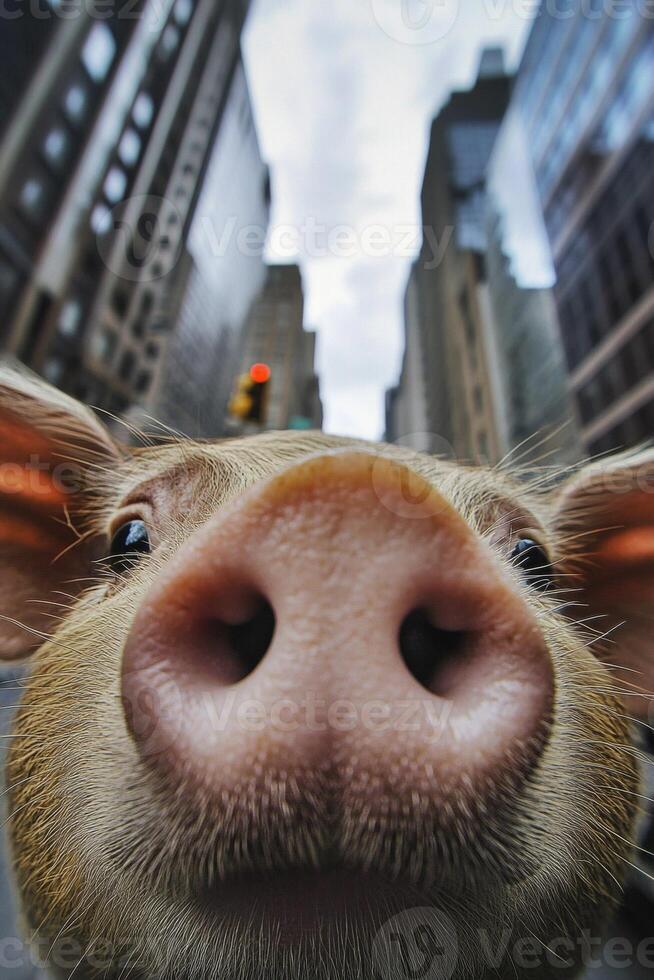 A pig is looking at the camera with its nose showing photo