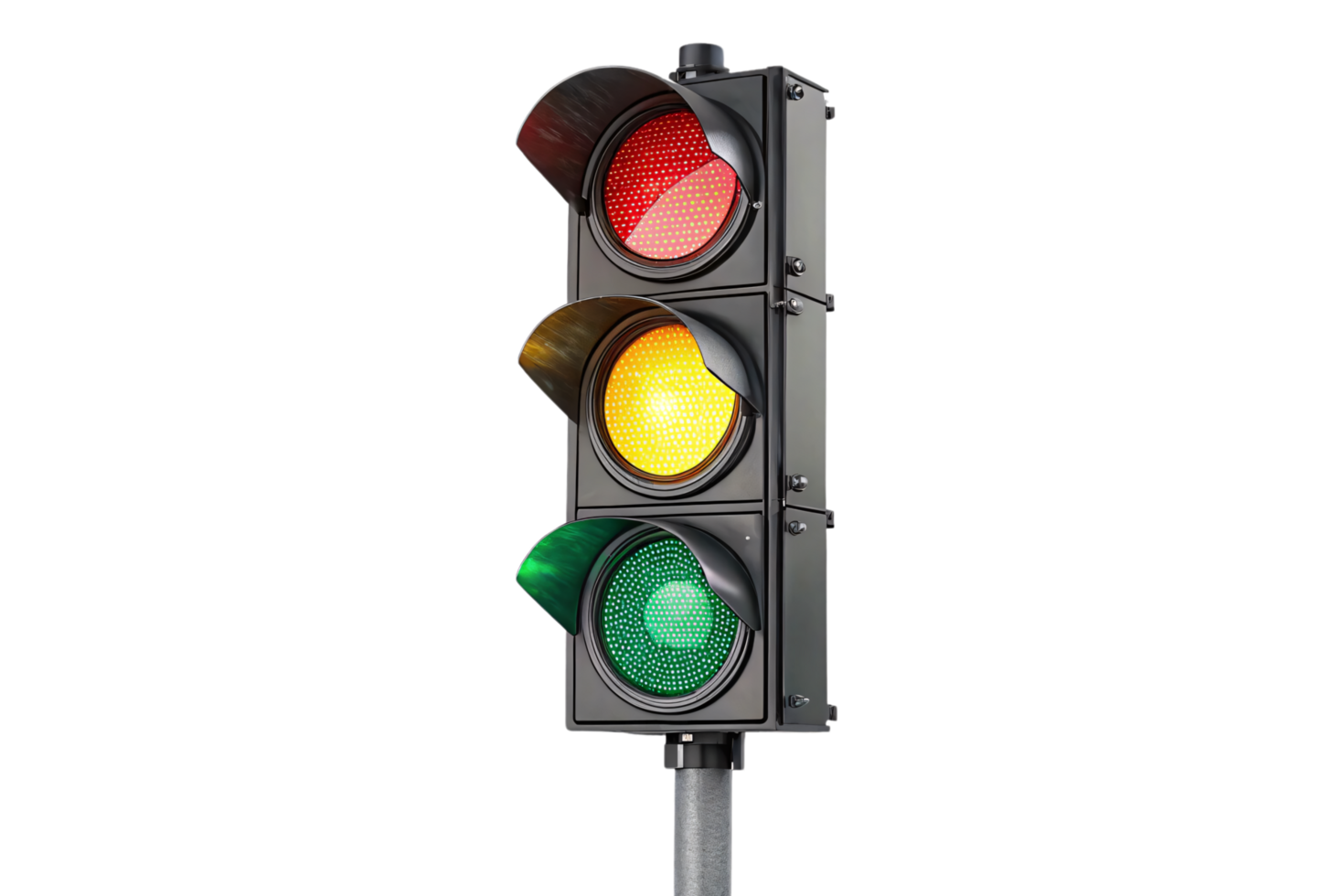 A modern traffic light, angled slightly, showcases all three lights red, yellow, and green encased in a dark housing, symbolizing regulated movement png