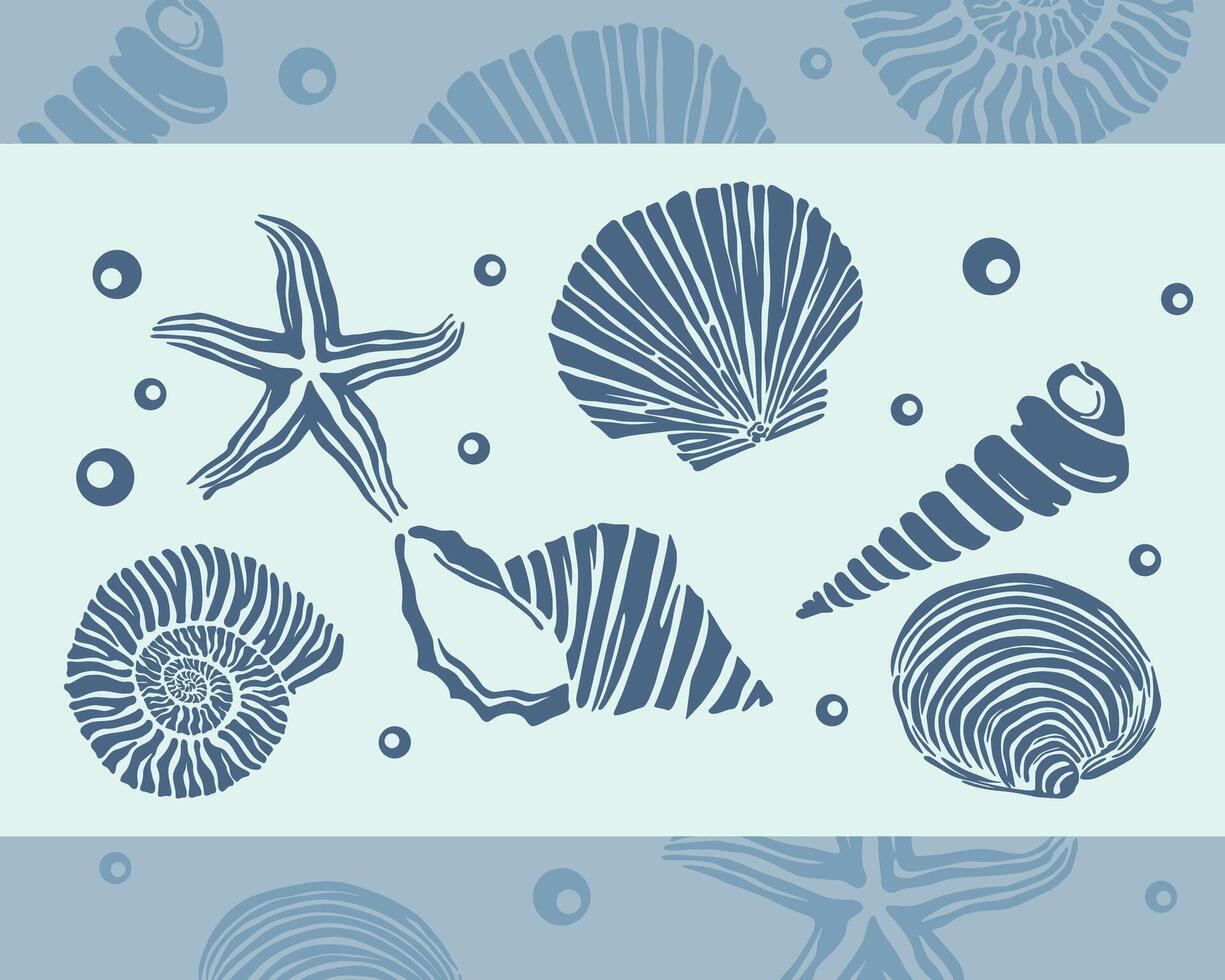 Marine life illustration pattern element mollusk, shell, scallop, starfish, deep sea background layout silhouette print art editable vector