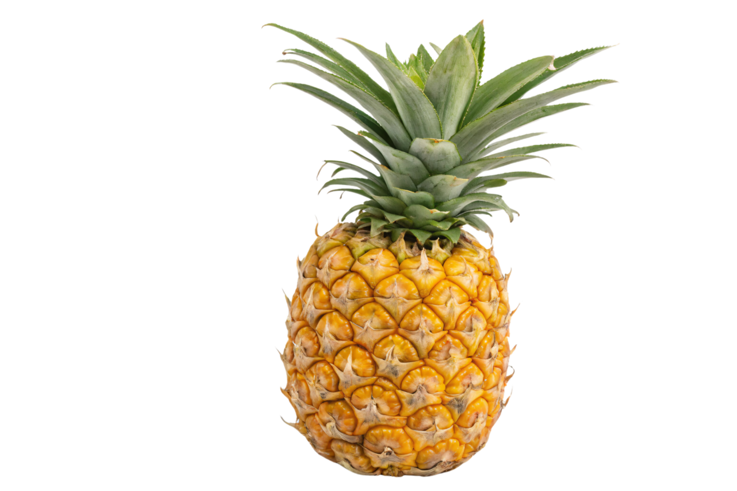 A full pineapple in perfect ripeness, its golden skin textured with sharp patterns, and topped by a lush crown of deep green leaves png