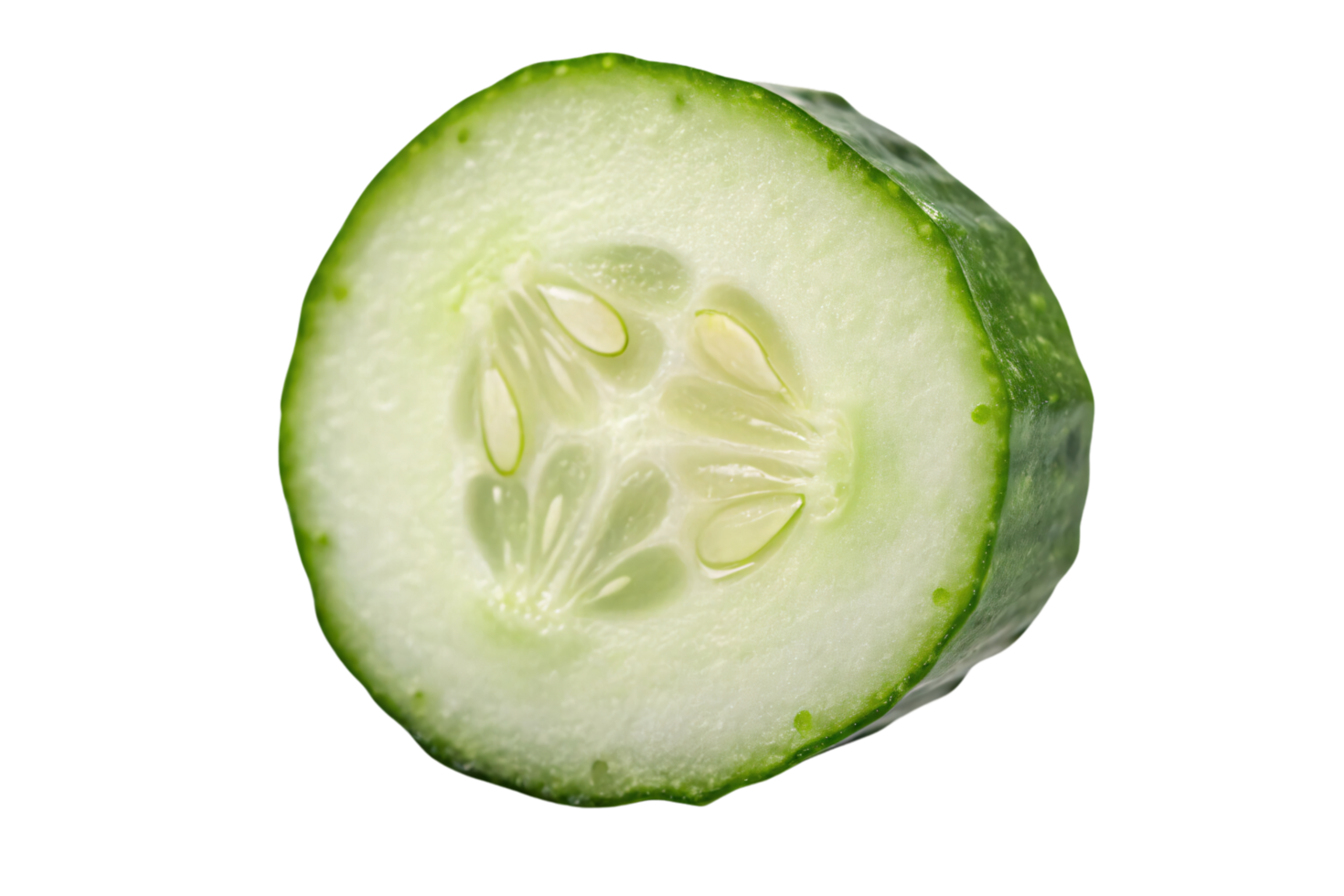 A single slice of cucumber showing its light green flesh, juicy texture, and delicate, white seeds arranged in a radial pattern png
