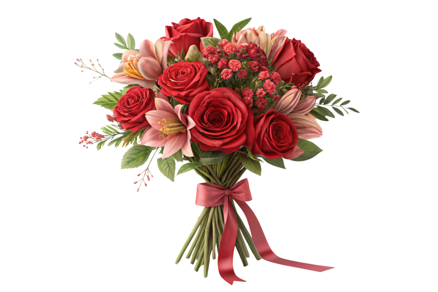 A bouquet blending roses, lilies, and delicate greenery tied with a bold red ribbon, perfect for a special occasion png