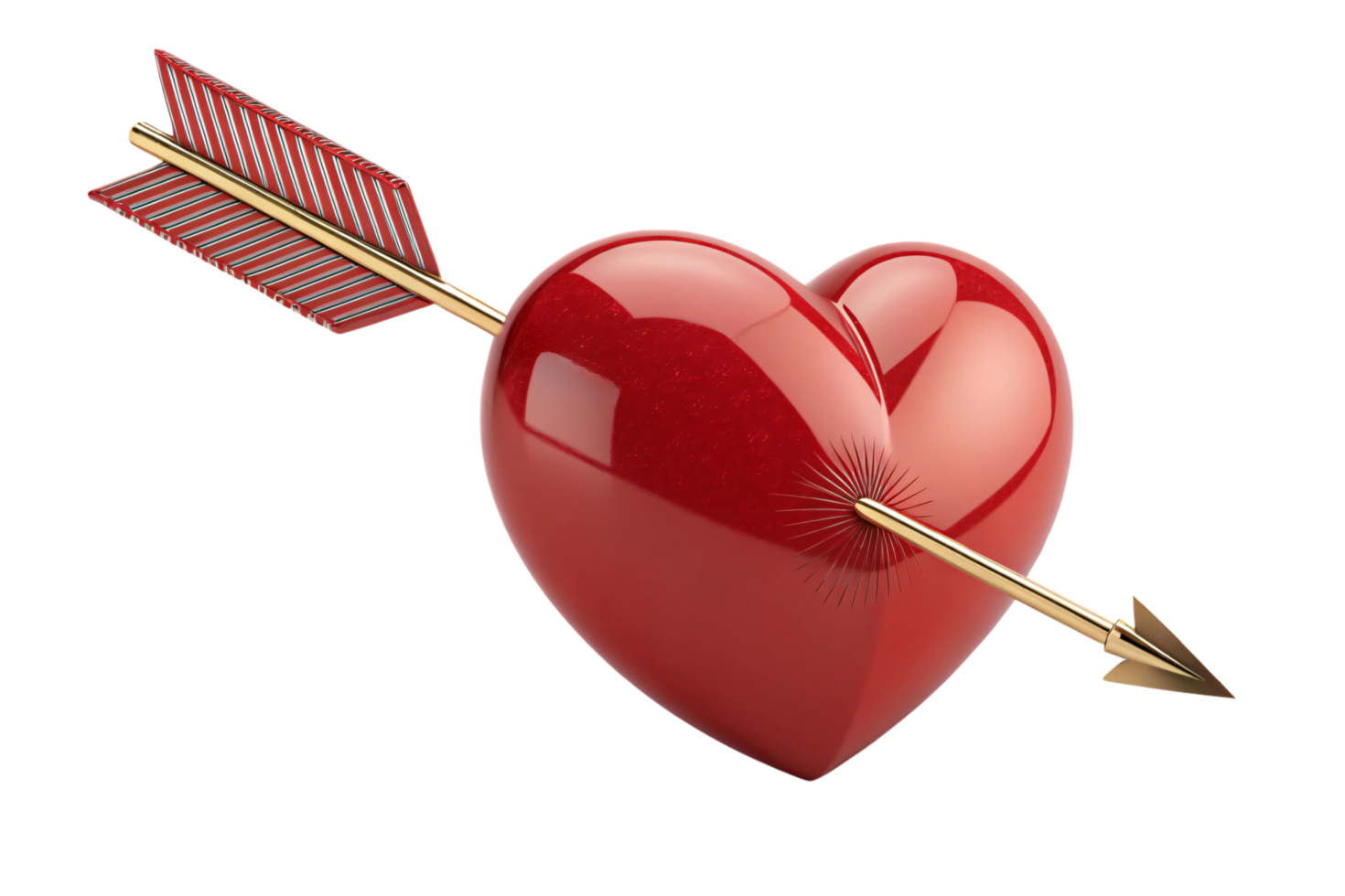 A glossy red heart pierced by a golden arrow with striped feathers, symbolizing love at first sight png