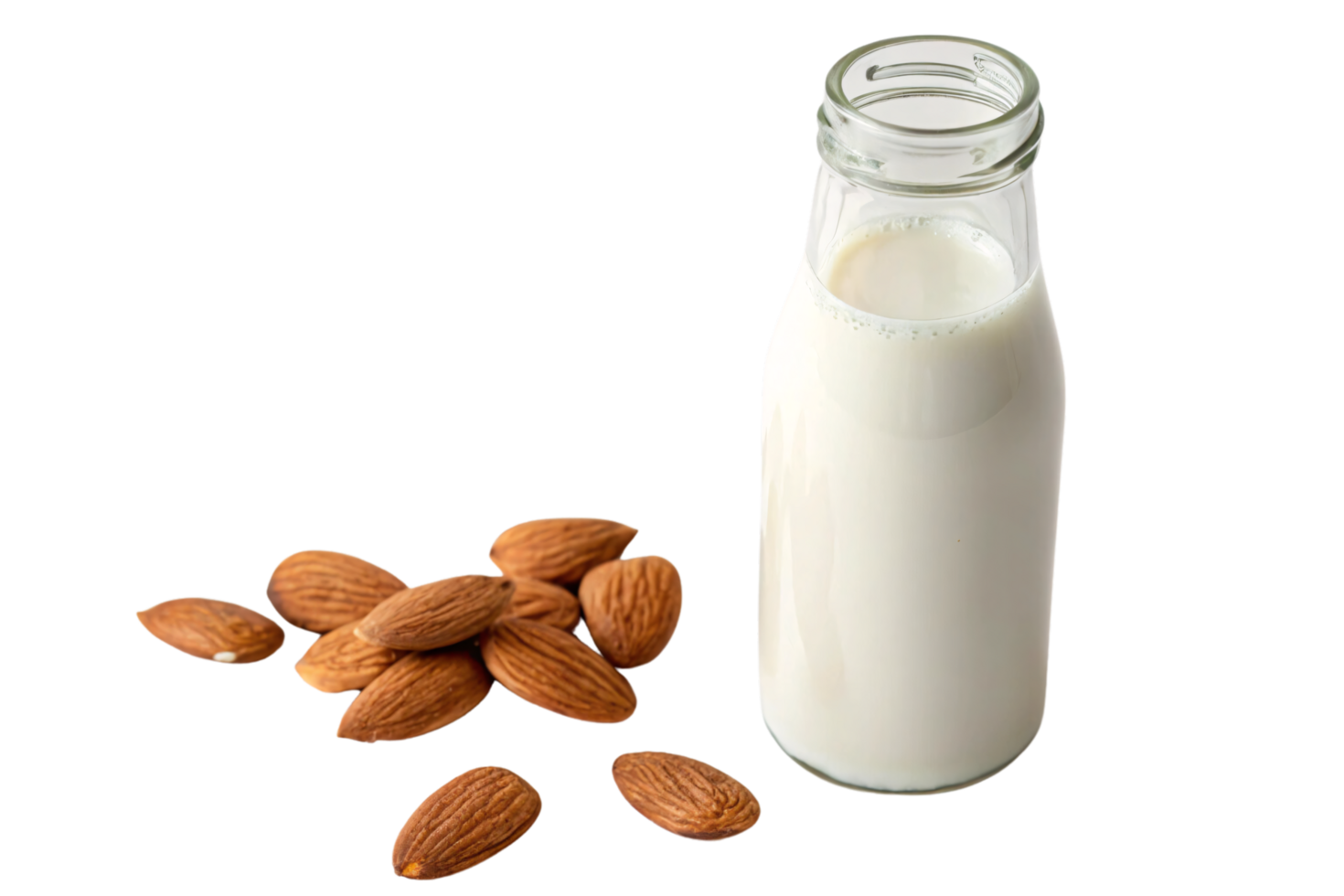 Almonds spread around a glass bottle of fresh almond milk, showcasing organic simplicity and a sustainable alternative to traditional milk products png