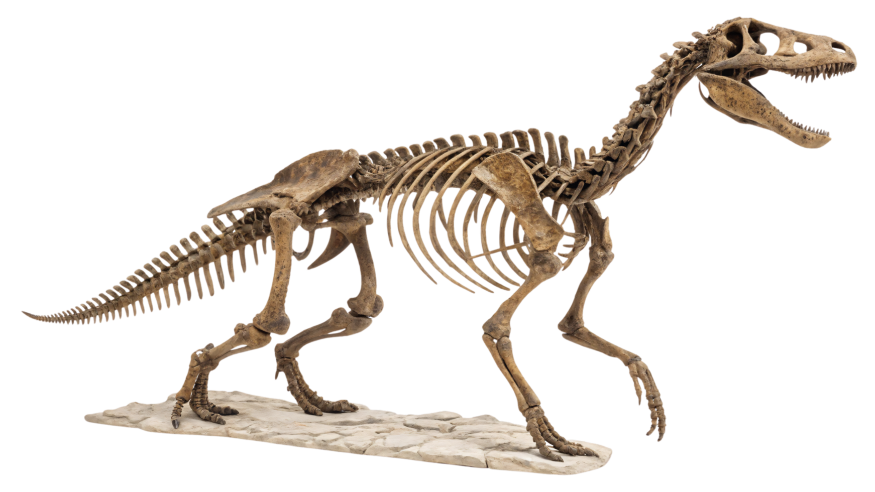 A view of a theropod skeleton on a stone platform, highlighting its curved tail, strong legs, and distinct bipedal posture png