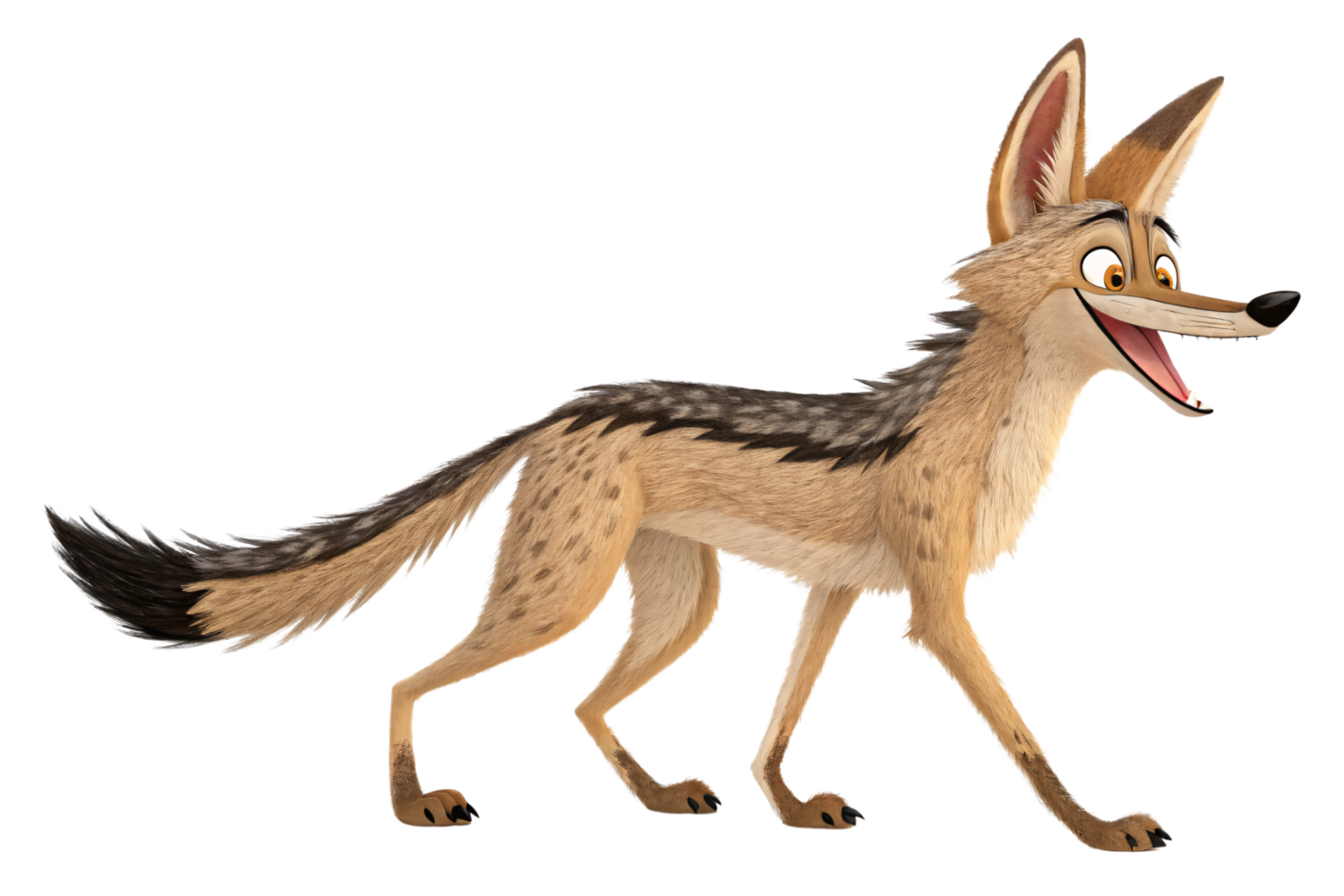 A playful animated coyote with large ears, a sleek body, and a wagging tail. Its mischievous smile radiates charm and liveliness png