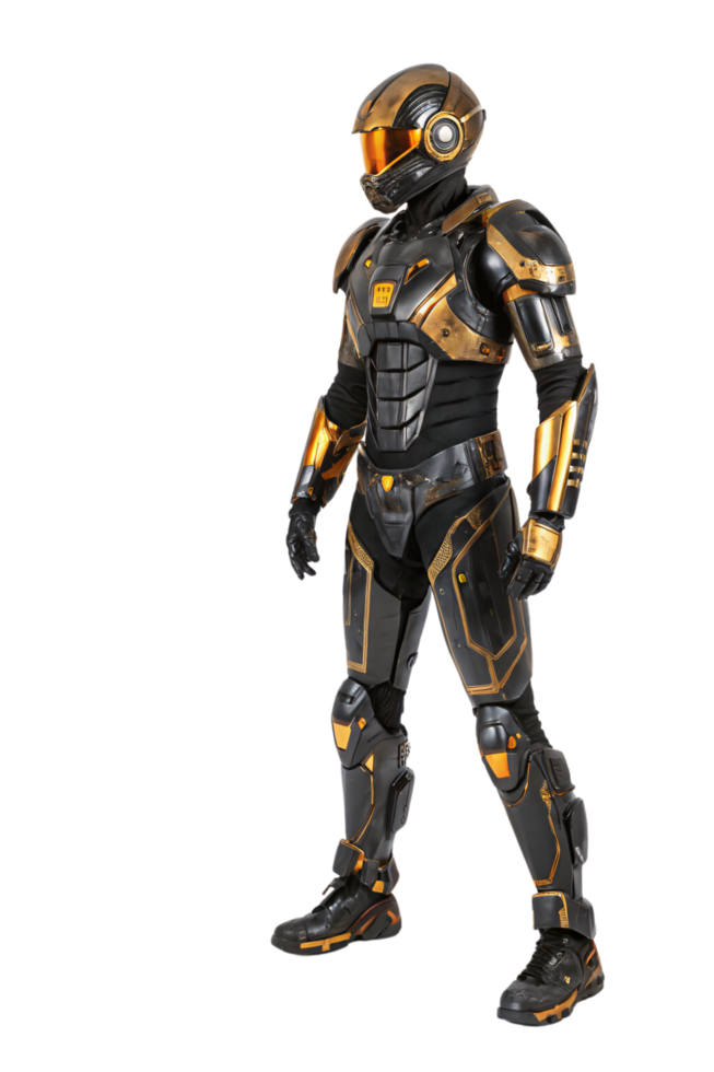 Black-and-gold armored robot with sharp design, orange visor, and intricate plating, emphasizing strength, sophistication, and cutting-edge technology png
