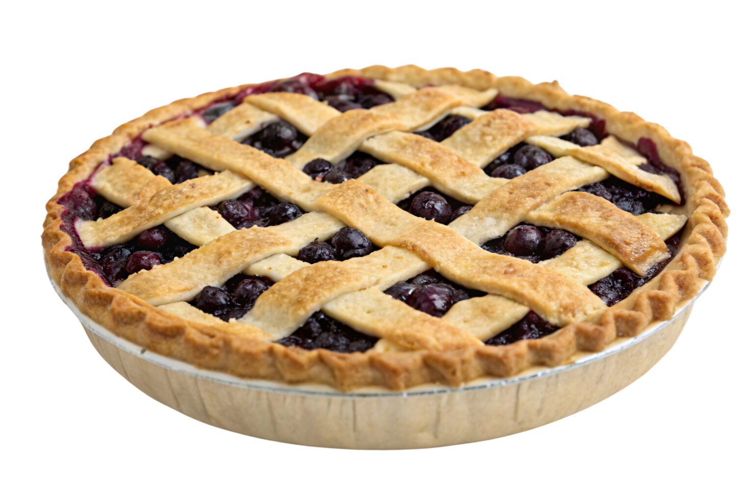 A close-up of a golden lattice-topped blueberry pie, showcasing plump berries oozing juice, a classic dessert treat png