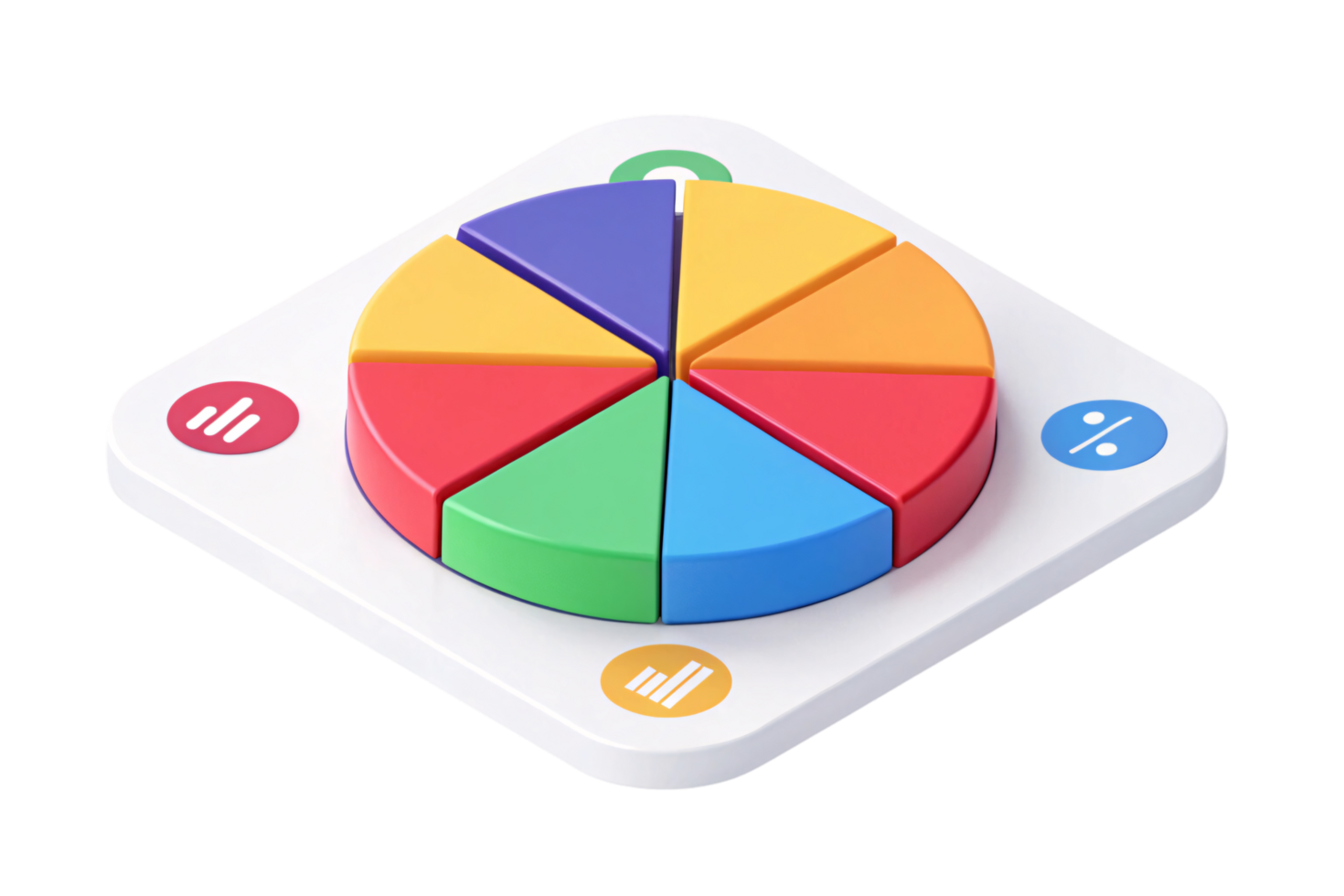 A colorful pie chart on a square white base, segmented into vibrant red, green, blue, yellow, and purple pieces with symbols at the corners png