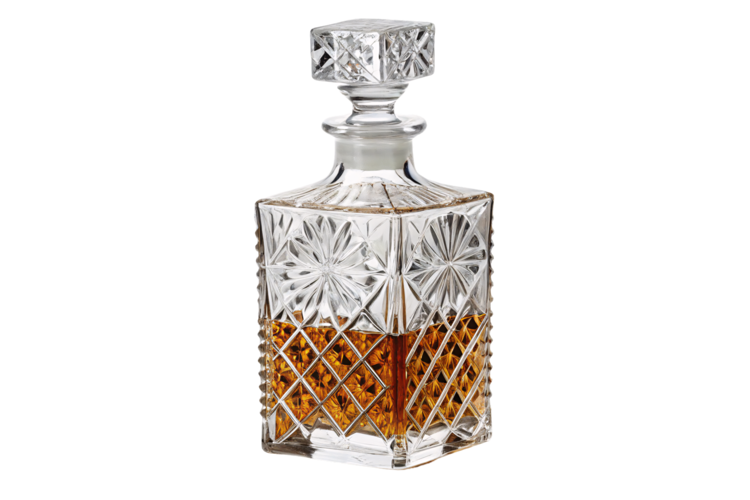 A square crystal decanter featuring intricate patterns and golden liquid. Its polished aesthetic conveys timeless luxury and exquisite craftsmanship png