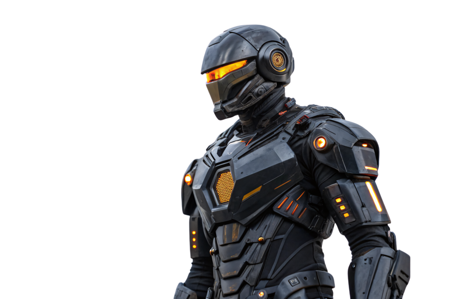An armored robot in a black suit with orange illumination, designed with sharp, angular features and combat readiness png