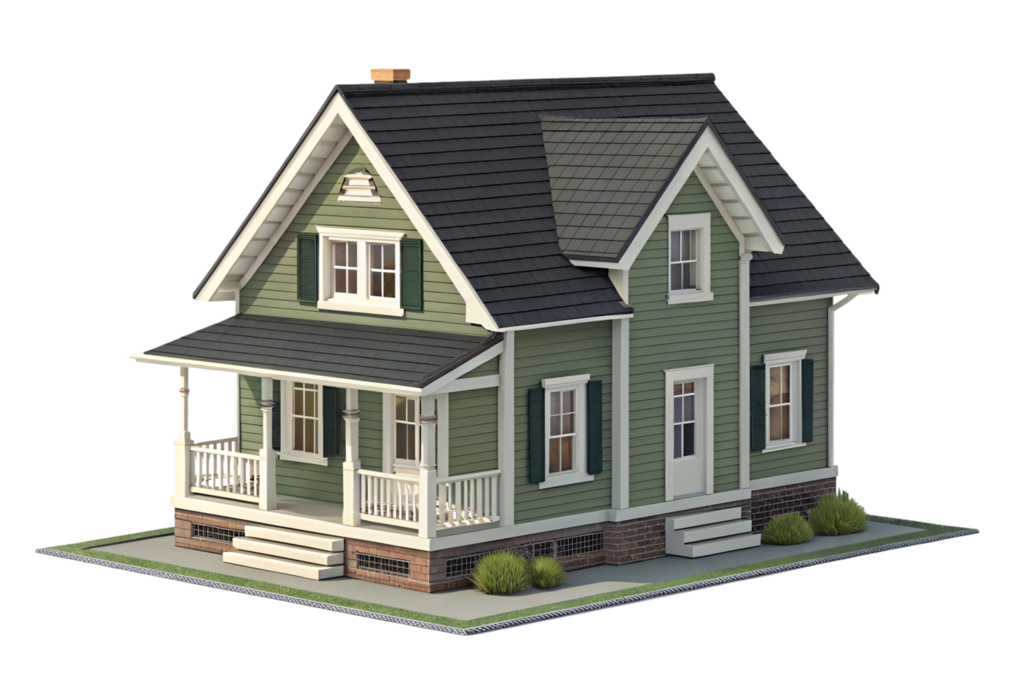 A green house with black shutters, a classic triangular roof, and a wrap-around porch, embodying countryside elegance png