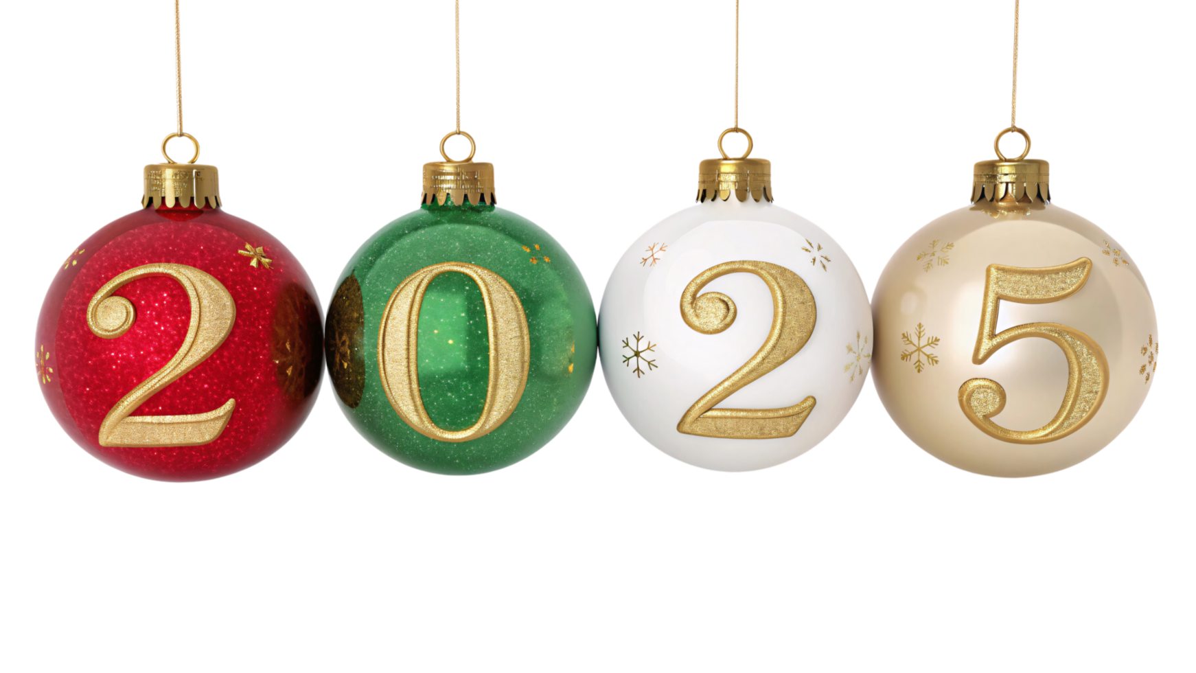 Displays hanging festive baubles in red, green, white, and beige, adorned with glittery golden 2025 and starry patterns png