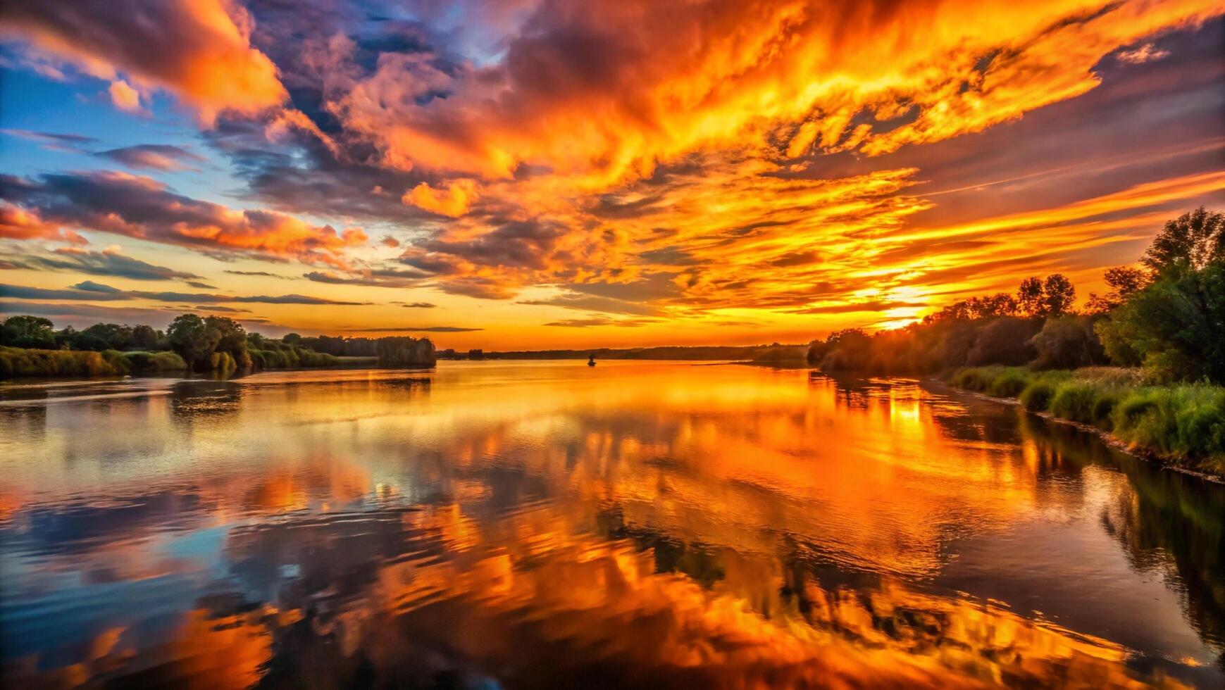 Stunning sunset over calm river nature landscape vibrant background peaceful environment artistic viewpoint golden and crimson hues photo