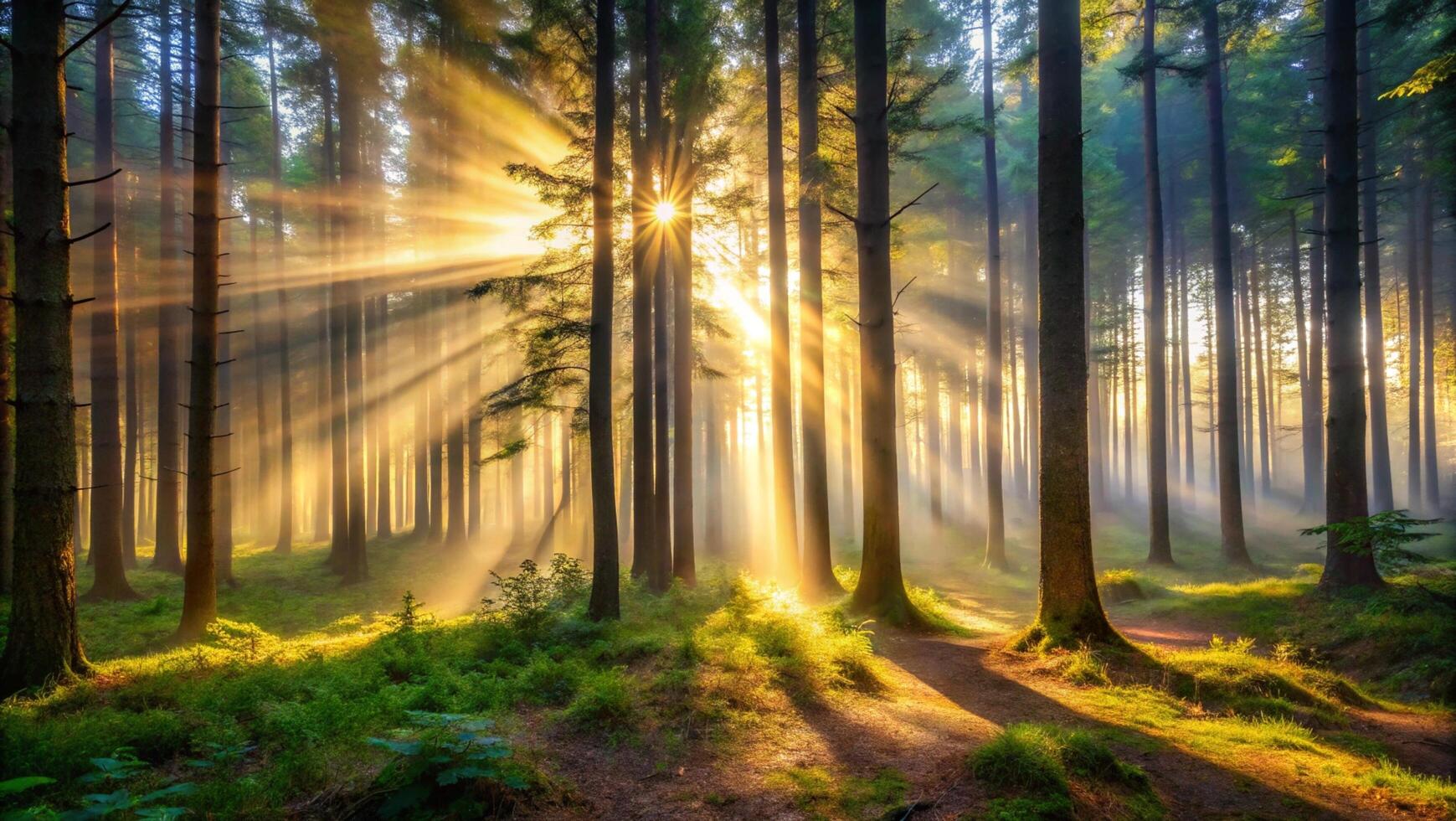 Foggy forest illuminated by soft rays of light nature landscape forest background ethereal atmosphere tranquil viewpoint photo