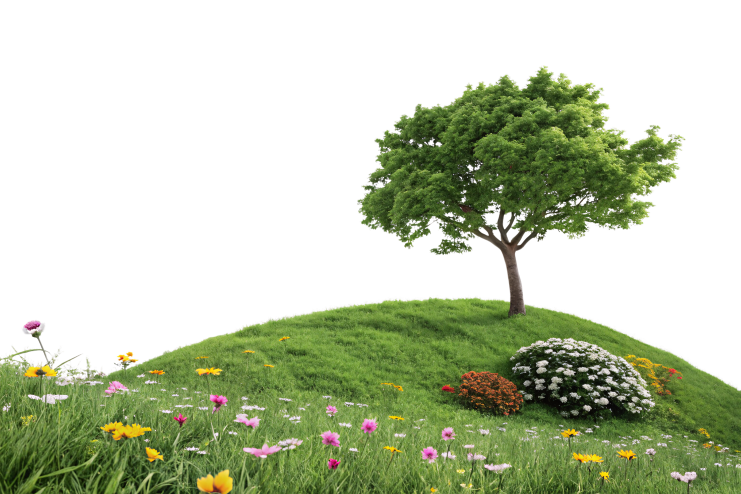 A green gently sloping hill covered in colorful wildflowers and crowned by a lone, flourishing tree, depicting harmony with nature png