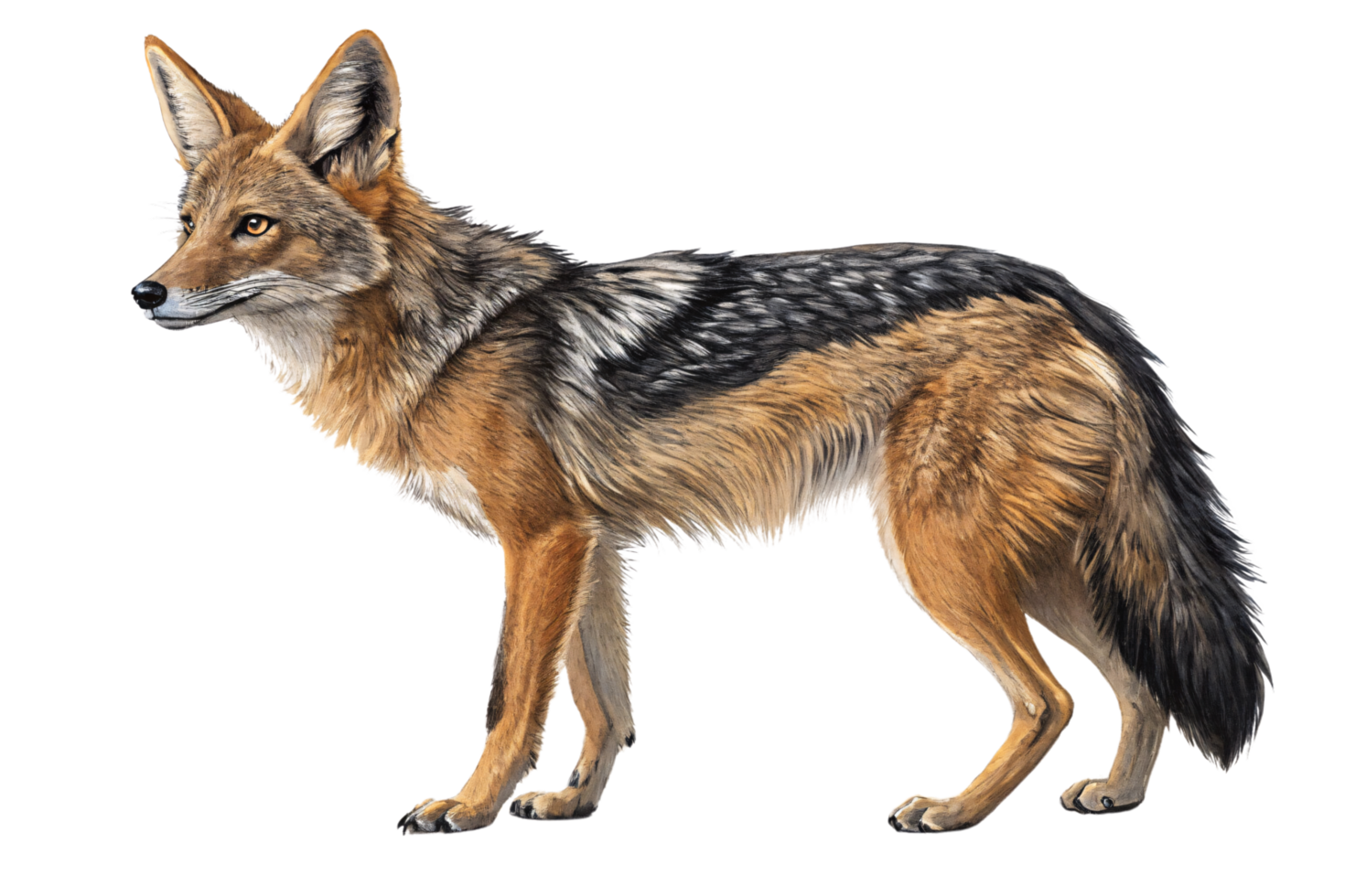 A realistic coyote with brown and black fur, amber eyes, and soft textures. Its stance reflects calm observation and readiness in nature png
