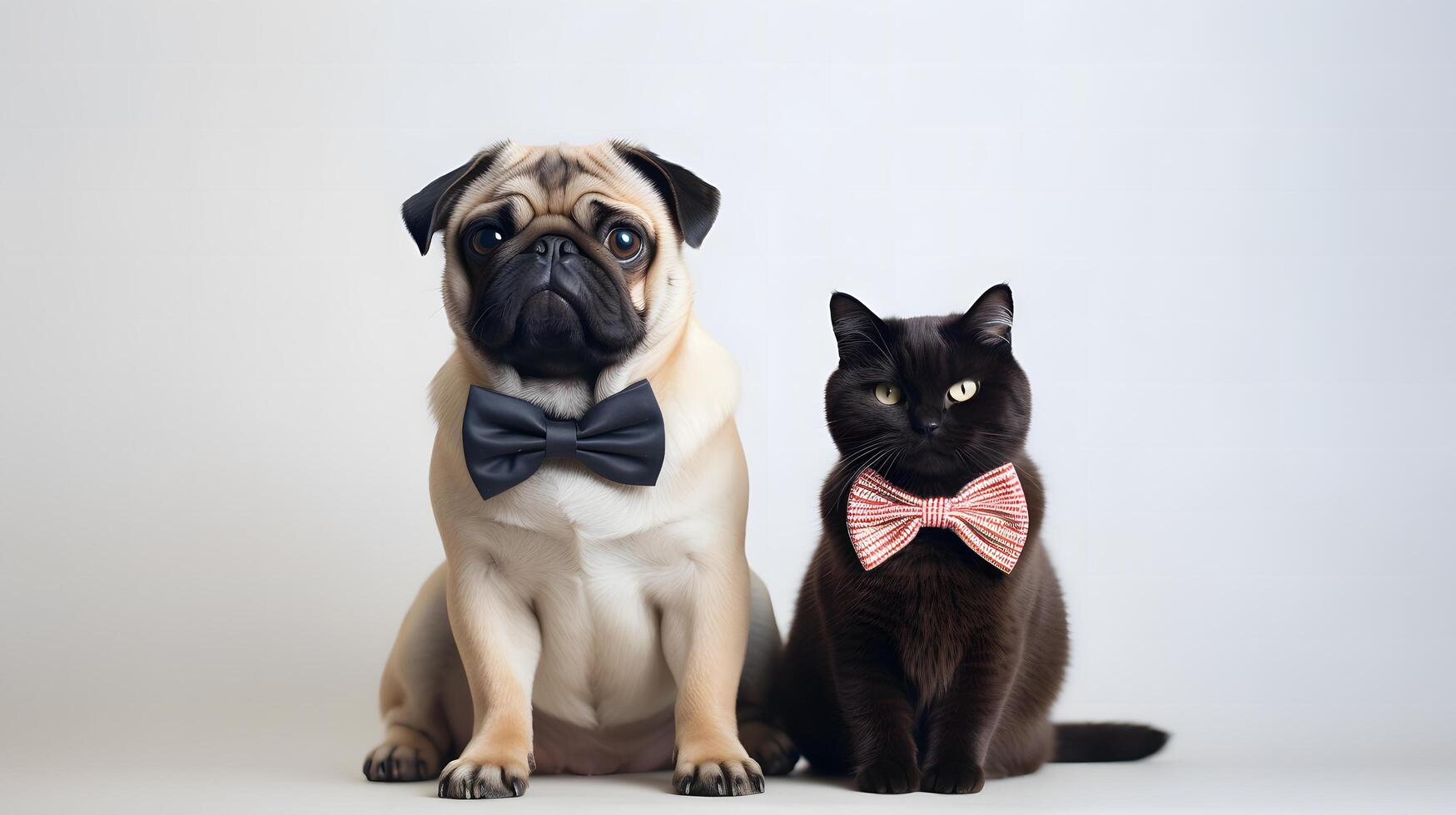 Pug and scottish fold cat in matching bow ties studio setting pets whimsical playful companionship photo