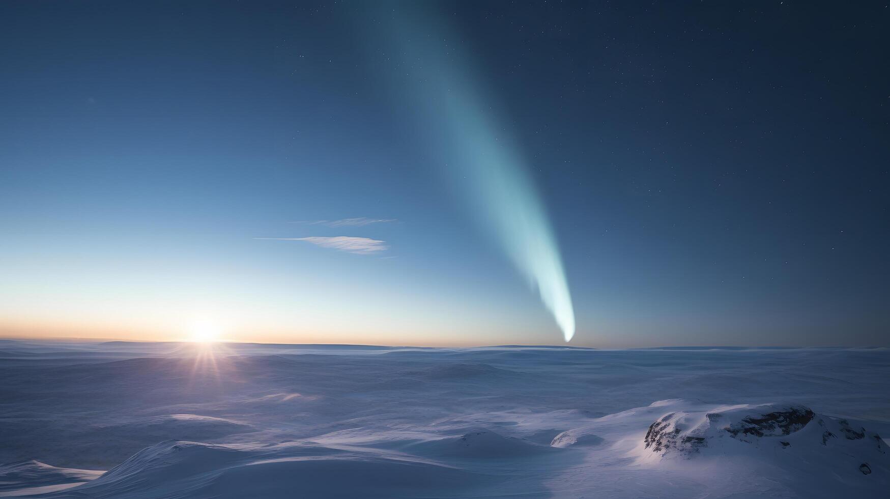 Glowing comet with a tail over snowy landscape arctic background nature photography winter environment panoramic view photo