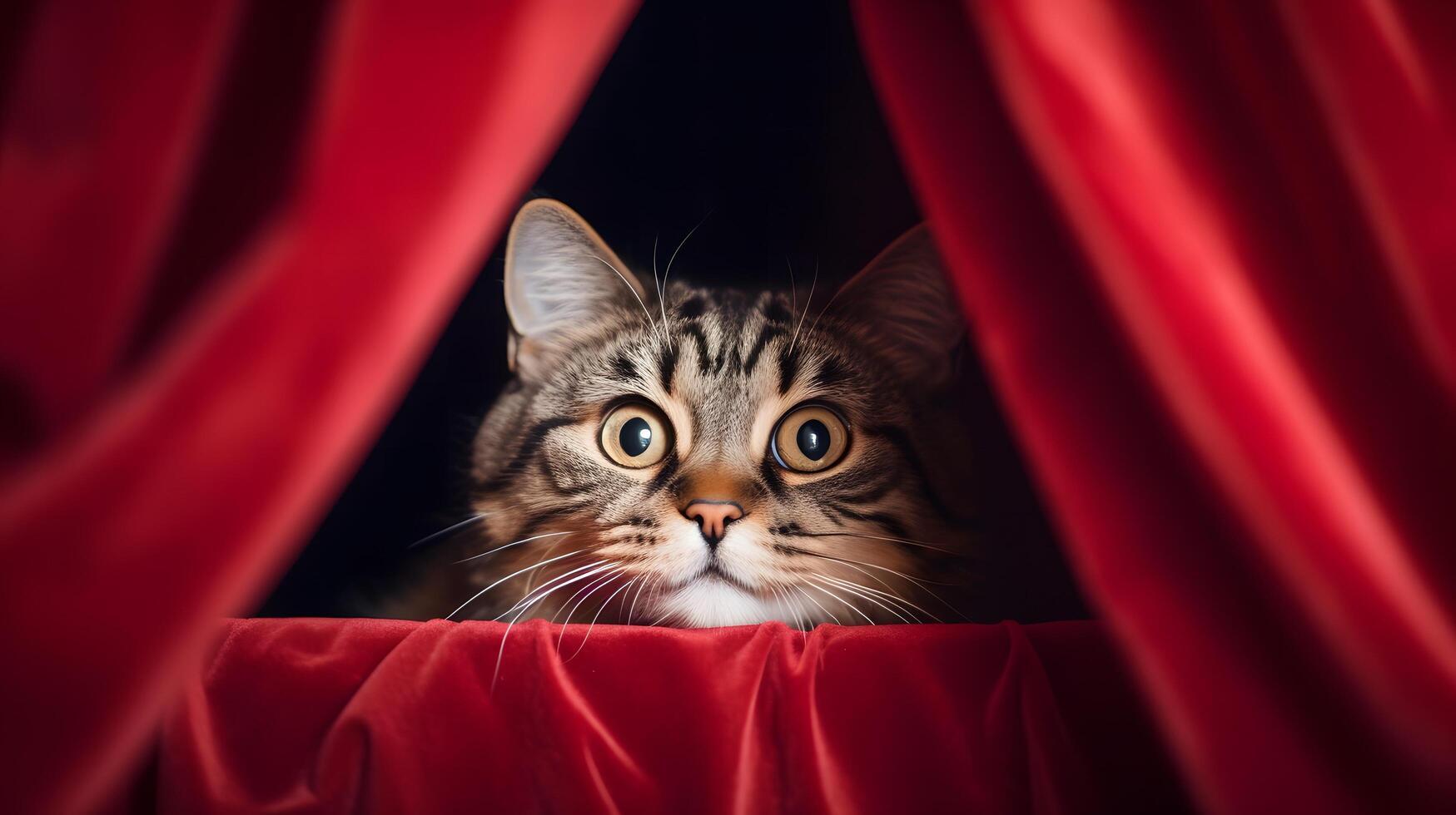 Mischievous tabby cat peeking from behind velvet curtains theater stage photography dramatic setting close-up whimsical concept photo