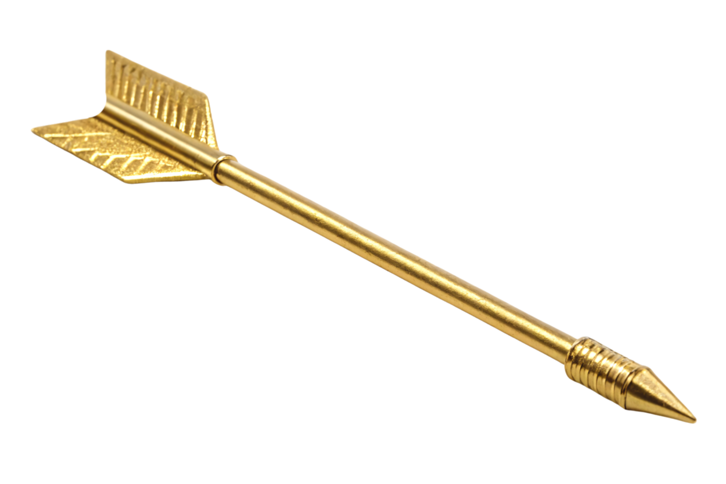 A golden arrow featuring a sleek shaft, detailed fletching, and a sharp metallic tip, radiating elegance and precision png