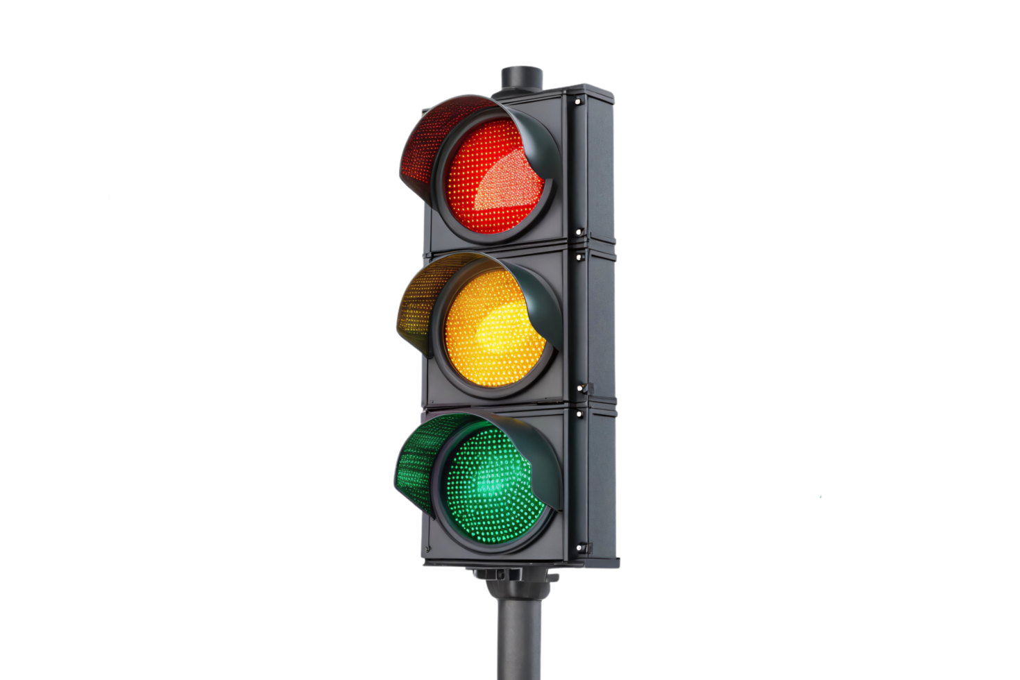 A standard three-light traffic signal shows red, yellow, and green lit indicators, embodying urban traffic control and systematic road safety png