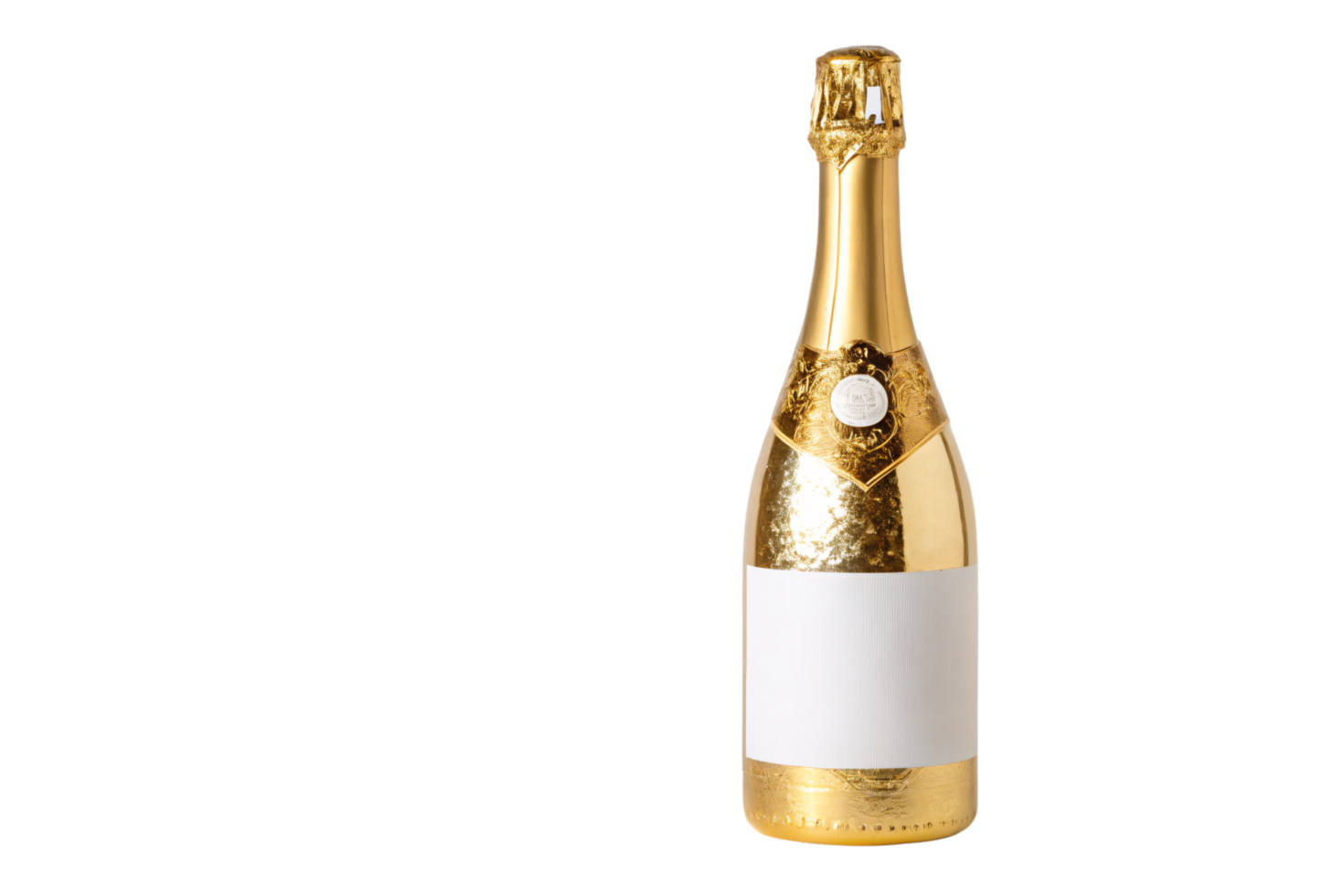 Glamorous champagne bottle adorned in textured gold, complemented by an elegant white label and elaborate neck details, radiating festivity and grandeur png