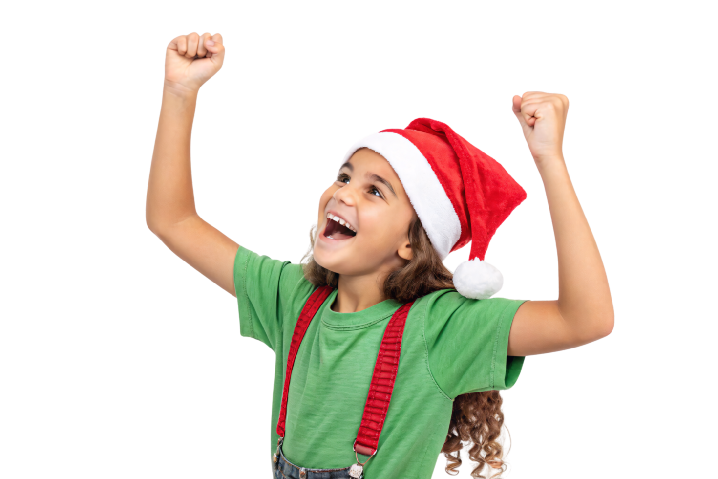 A cheerful child in a green shirt and Santa hat, raising fists in excitement, capturing festive holiday joy and enthusiasm png